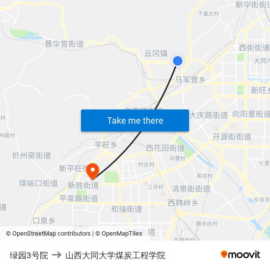 绿园3号院 to 山西大同大学煤炭工程学院 map