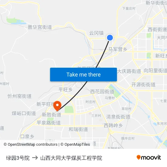 绿园3号院 to 山西大同大学煤炭工程学院 map