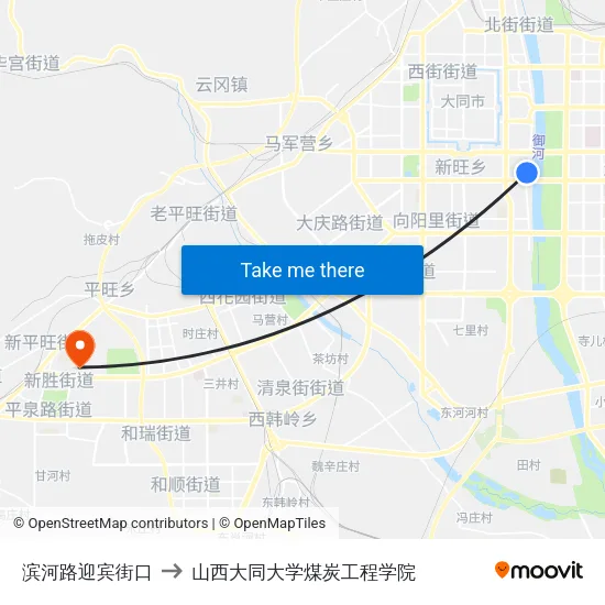 滨河路迎宾街口 to 山西大同大学煤炭工程学院 map