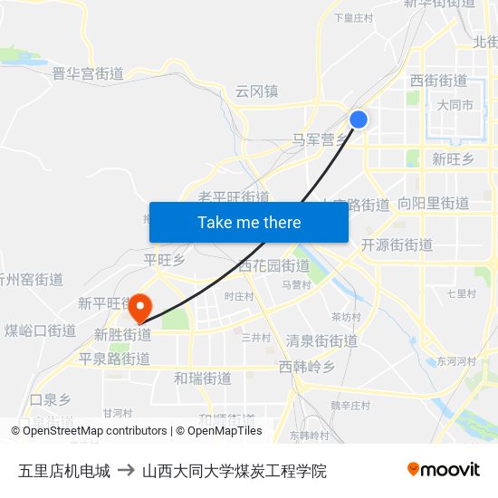 五里店机电城 to 山西大同大学煤炭工程学院 map