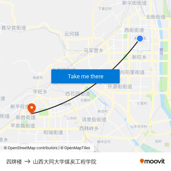 四牌楼 to 山西大同大学煤炭工程学院 map