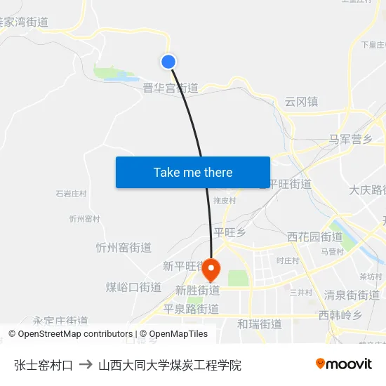 张士窑村口 to 山西大同大学煤炭工程学院 map