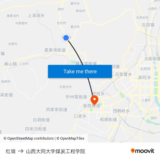 红墙 to 山西大同大学煤炭工程学院 map