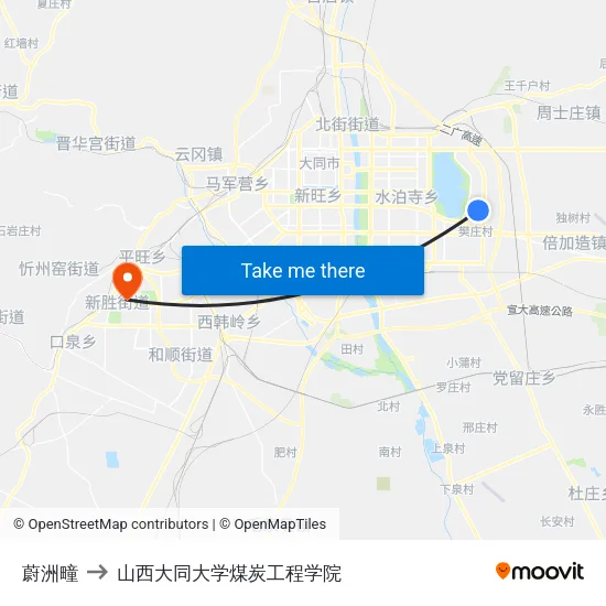 蔚洲疃 to 山西大同大学煤炭工程学院 map