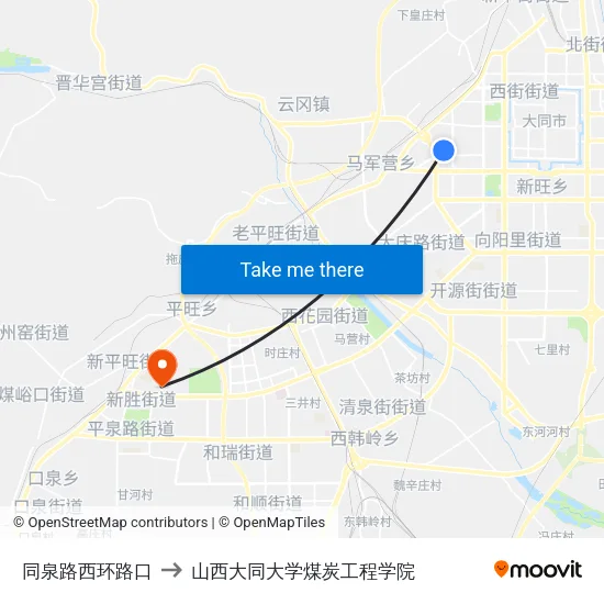 同泉路西环路口 to 山西大同大学煤炭工程学院 map