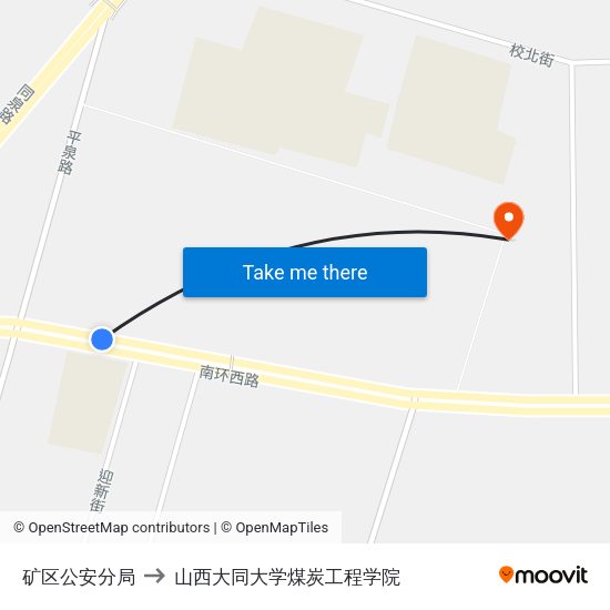 矿区公安分局 to 山西大同大学煤炭工程学院 map