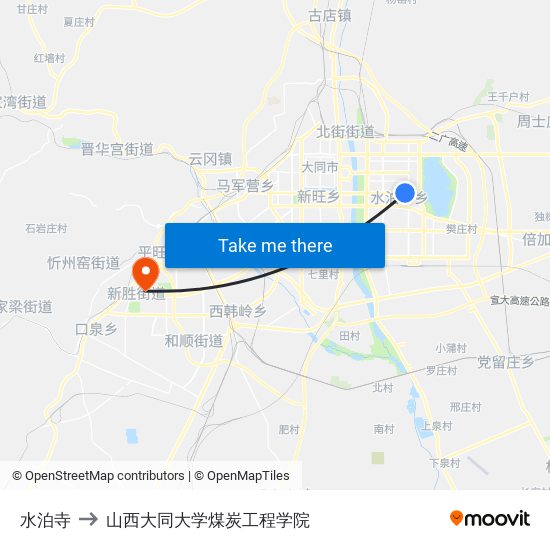 水泊寺 to 山西大同大学煤炭工程学院 map