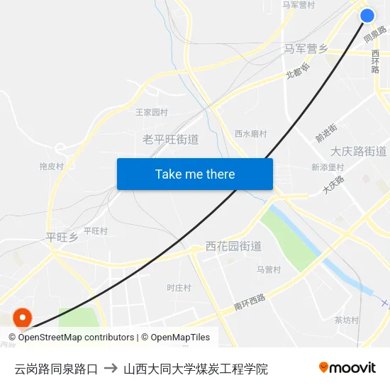 云岗路同泉路口 to 山西大同大学煤炭工程学院 map