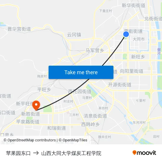 苹果园东口 to 山西大同大学煤炭工程学院 map
