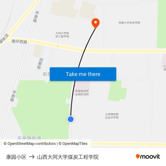 康园小区 to 山西大同大学煤炭工程学院 map