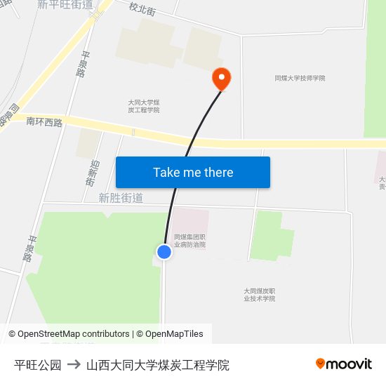 平旺公园 to 山西大同大学煤炭工程学院 map