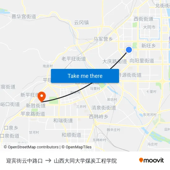迎宾街云中路口 to 山西大同大学煤炭工程学院 map