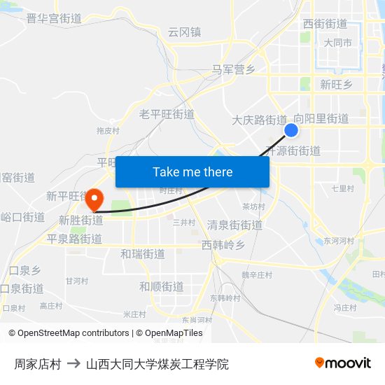 周家店村 to 山西大同大学煤炭工程学院 map