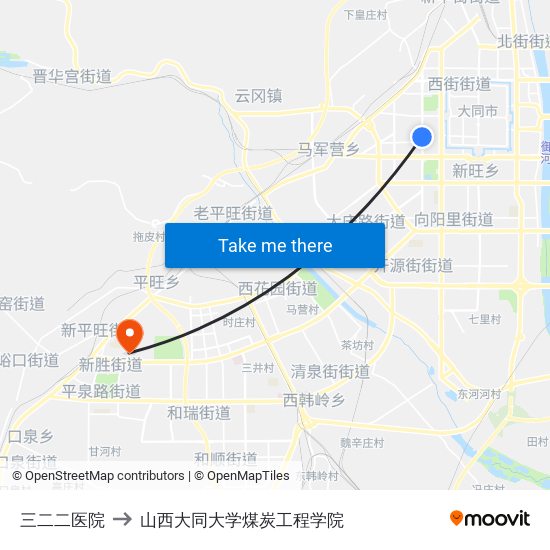 三二二医院 to 山西大同大学煤炭工程学院 map