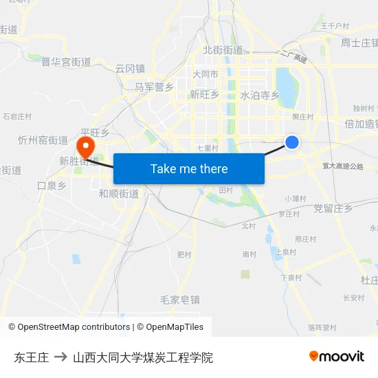东王庄 to 山西大同大学煤炭工程学院 map
