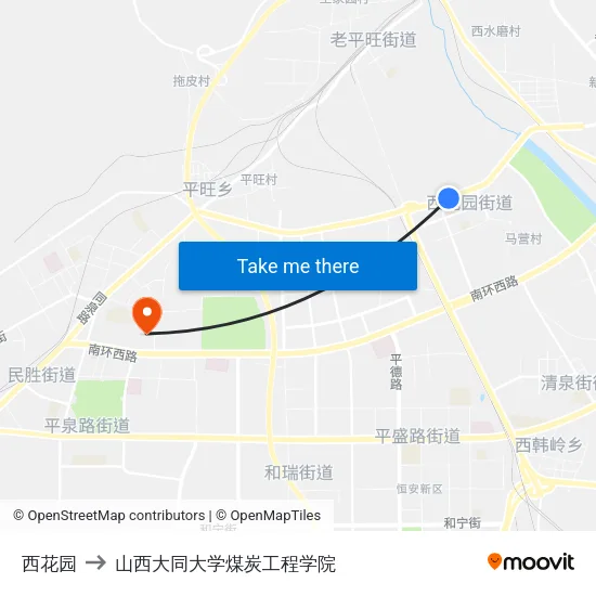 西花园 to 山西大同大学煤炭工程学院 map