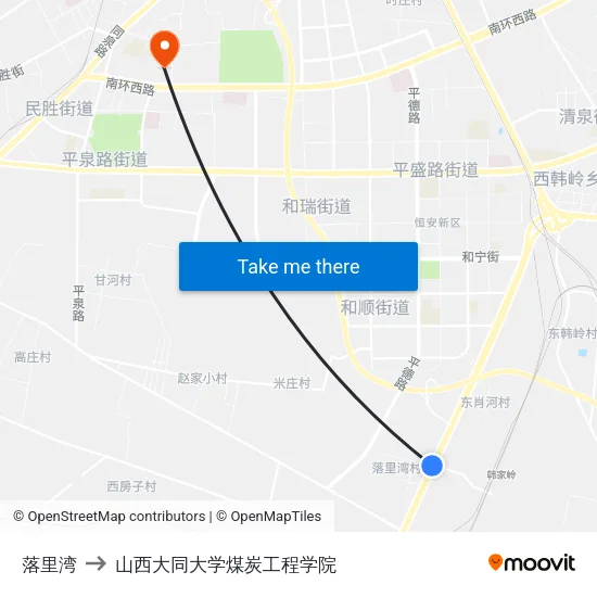 落里湾 to 山西大同大学煤炭工程学院 map
