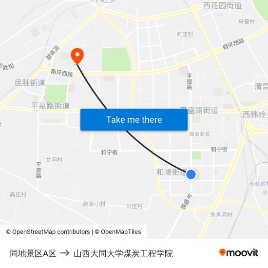 同地景区A区 to 山西大同大学煤炭工程学院 map