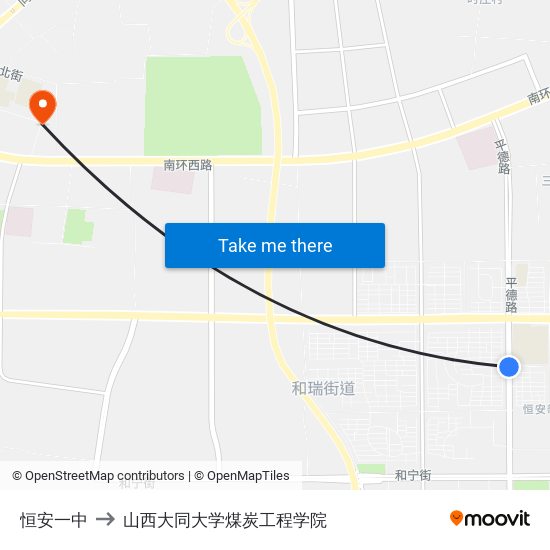 恒安一中 to 山西大同大学煤炭工程学院 map