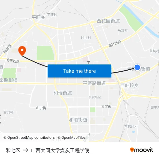 和七区 to 山西大同大学煤炭工程学院 map