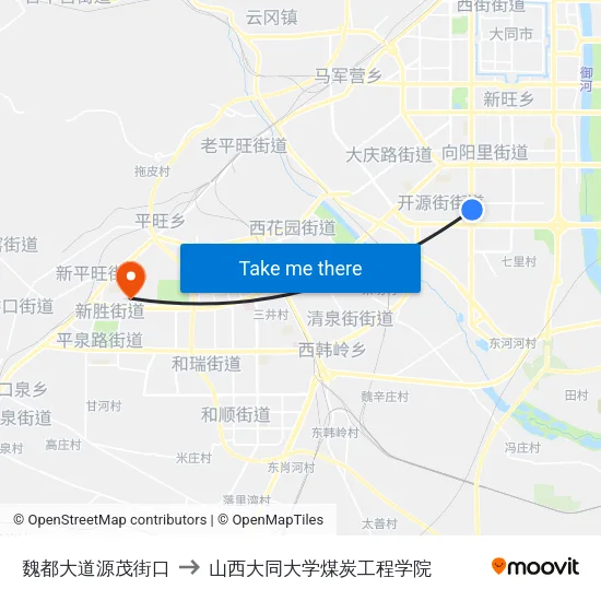 魏都大道源茂街口 to 山西大同大学煤炭工程学院 map