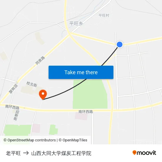 老平旺 to 山西大同大学煤炭工程学院 map