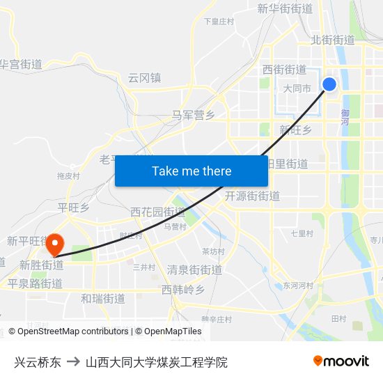 兴云桥东 to 山西大同大学煤炭工程学院 map