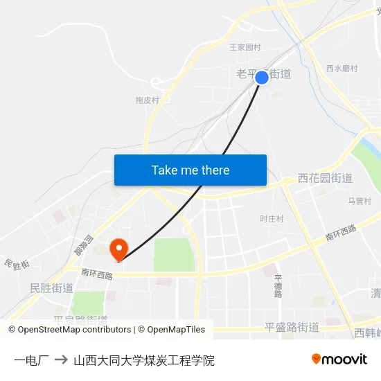 一电厂 to 山西大同大学煤炭工程学院 map