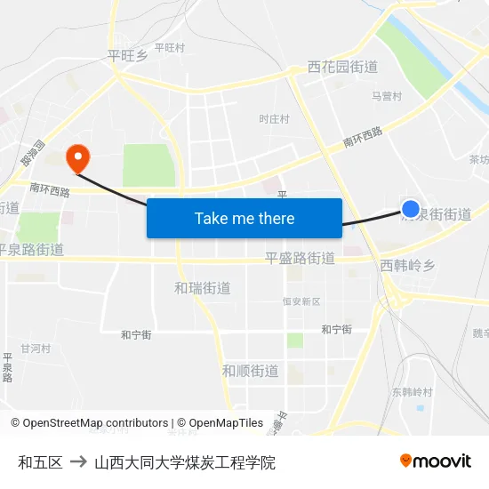 和五区 to 山西大同大学煤炭工程学院 map