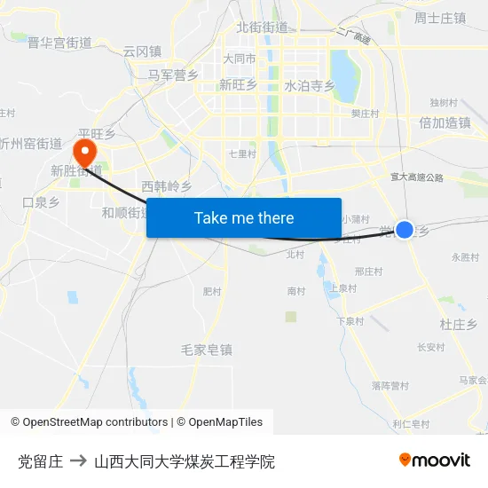 党留庄 to 山西大同大学煤炭工程学院 map