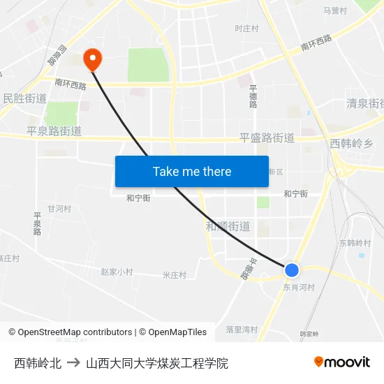 西韩岭北 to 山西大同大学煤炭工程学院 map