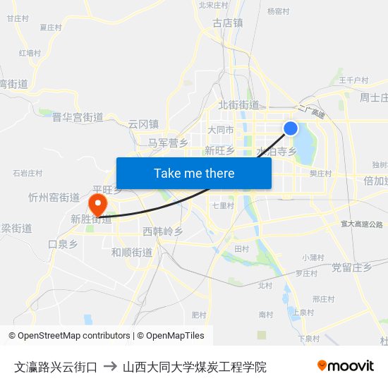 文瀛路兴云街口 to 山西大同大学煤炭工程学院 map