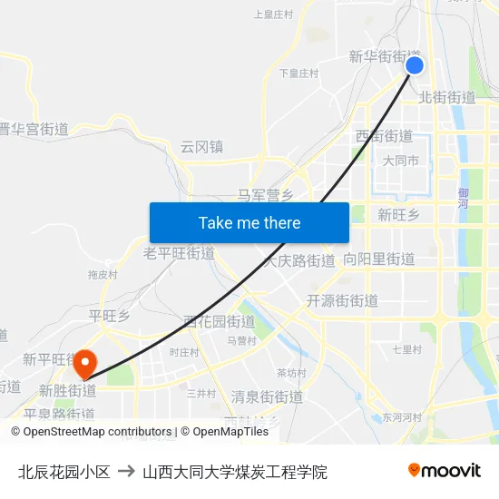 北辰花园小区 to 山西大同大学煤炭工程学院 map