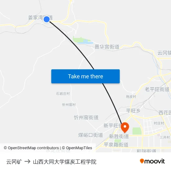 云冈矿 to 山西大同大学煤炭工程学院 map