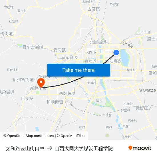 太和路云山街口中 to 山西大同大学煤炭工程学院 map