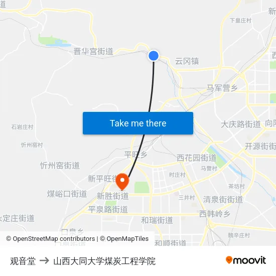 观音堂 to 山西大同大学煤炭工程学院 map