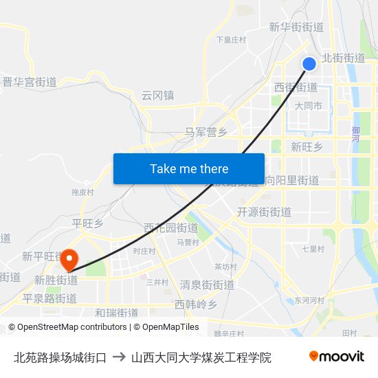 北苑路操场城街口 to 山西大同大学煤炭工程学院 map