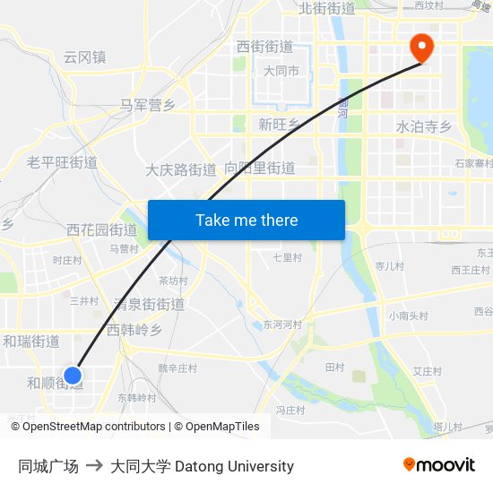 同城广场 to 大同大学 Datong University map