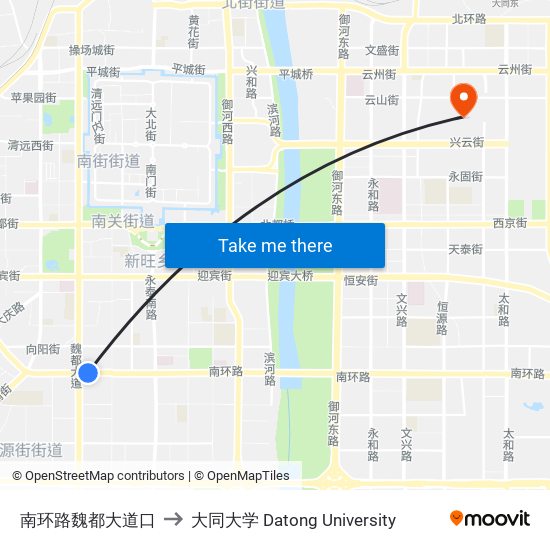 南环路魏都大道口 to 大同大学 Datong University map