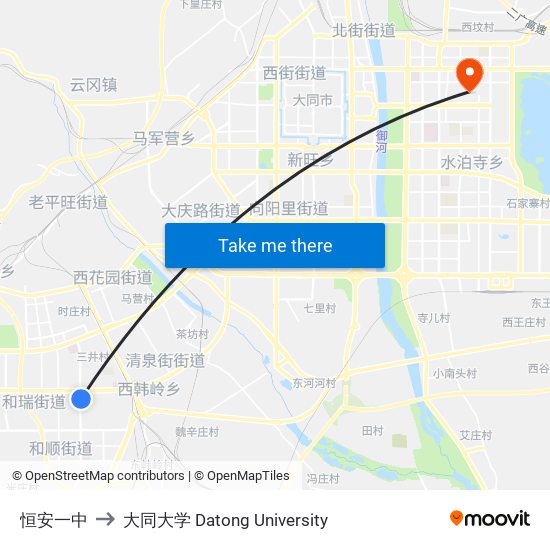 恒安一中 to 大同大学 Datong University map