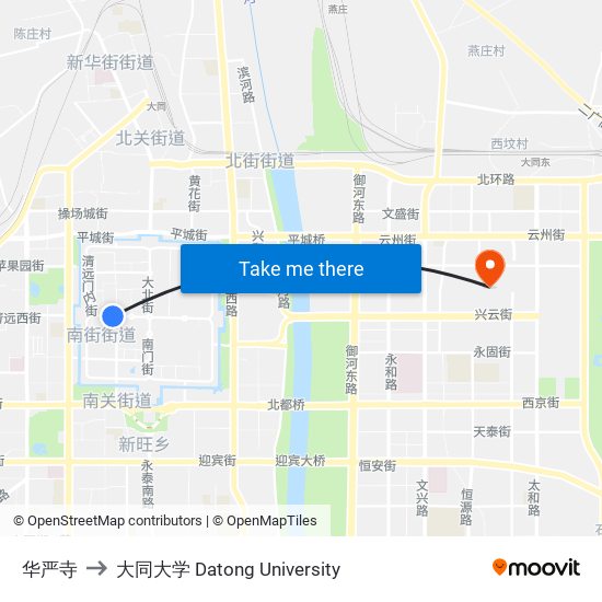 华严寺 to 大同大学 Datong University map