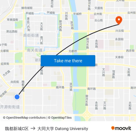 魏都新城C区 to 大同大学 Datong University map