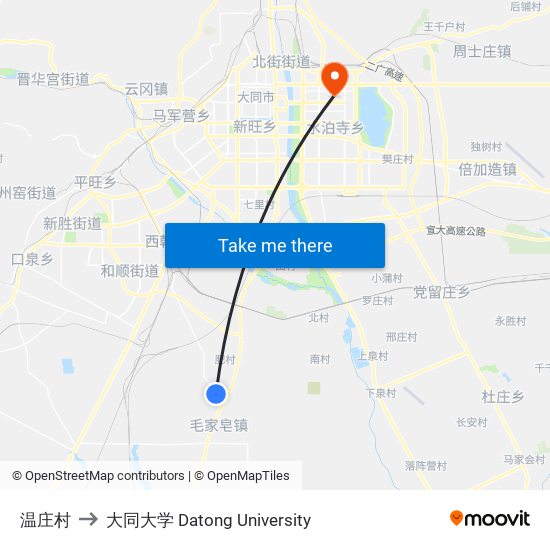 温庄村 to 大同大学 Datong University map