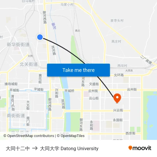 大同十二中 to 大同大学 Datong University map