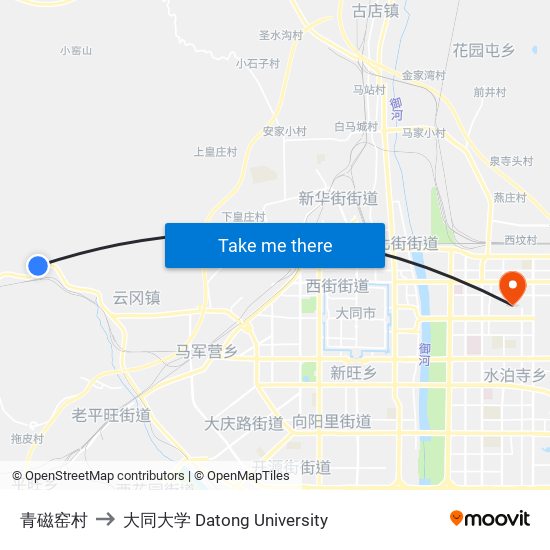 青磁窑村 to 大同大学 Datong University map