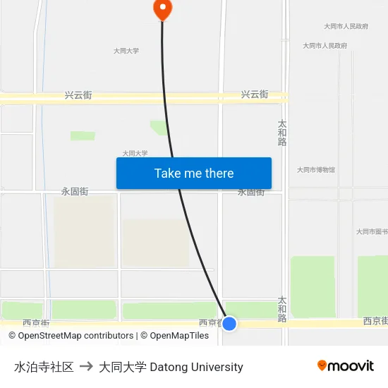 水泊寺社区 to 大同大学 Datong University map