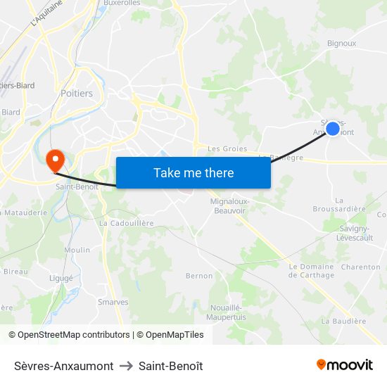 Sèvres-Anxaumont to Saint-Benoît map