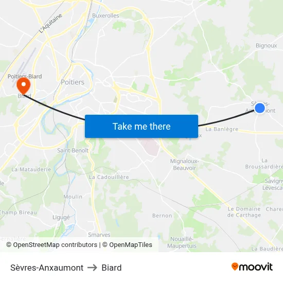 Sèvres-Anxaumont to Biard map