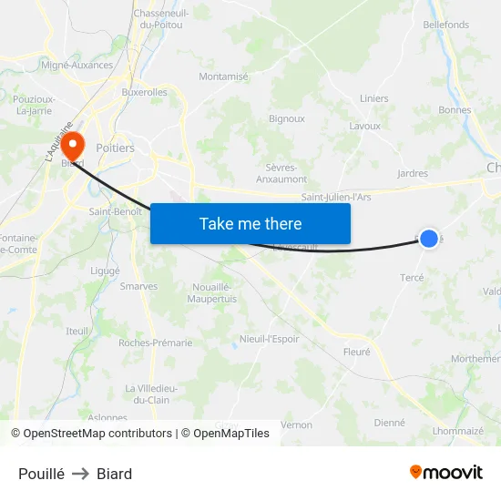 Pouillé to Biard map