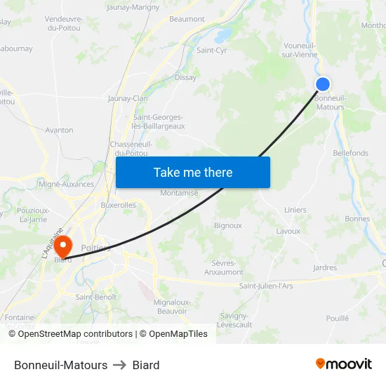 Bonneuil-Matours to Biard map